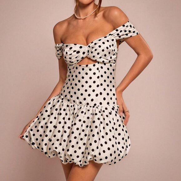 Black And White Casual Women's Polka Dot Mini Dress - Picture 7 of 7